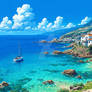 Coastal Village with Sailboat Serenity