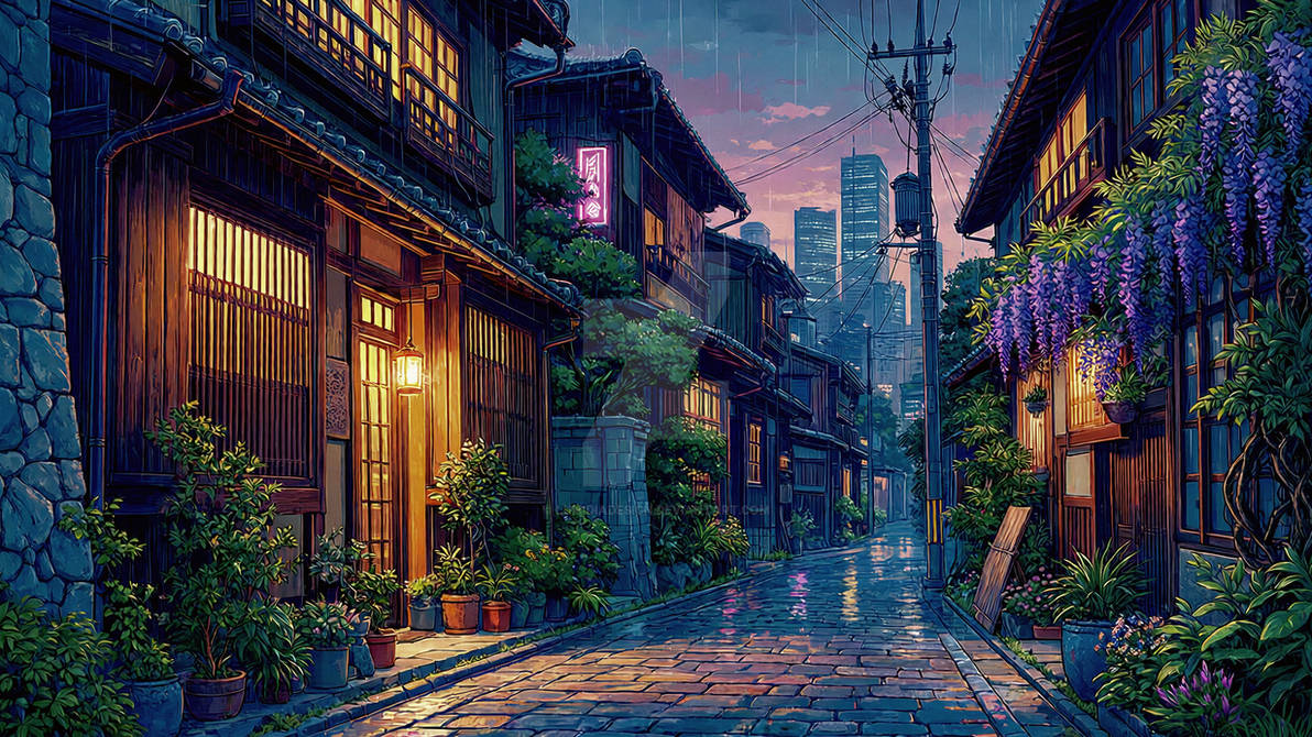 Rainy Tokyo Alleyways and Purple Wisteria