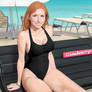 Strawberry blonde in black swimsuit