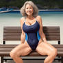 busty gran in blue swimsuit on bench