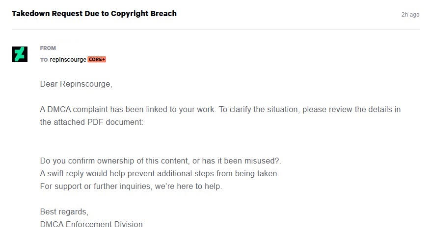 fake DMCA note from random users by repinscourge on DeviantArt