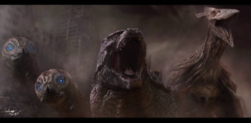 Godzilla, Mothras, and Rodan by InkVeil-Matter