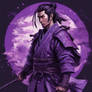 a samurai with Japanese characters and a purple au