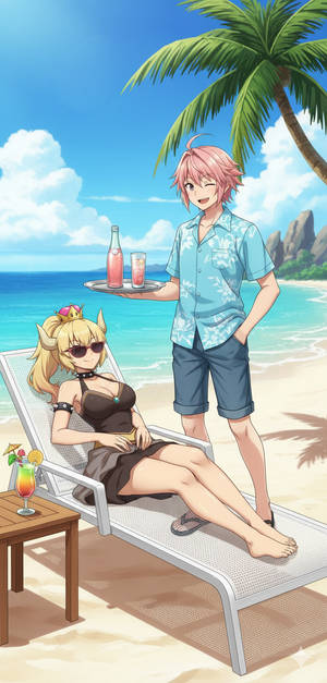 Bowsette being attended by Astolfo on the Beach