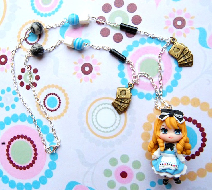 Handmade Alice in wonderland clay necklace