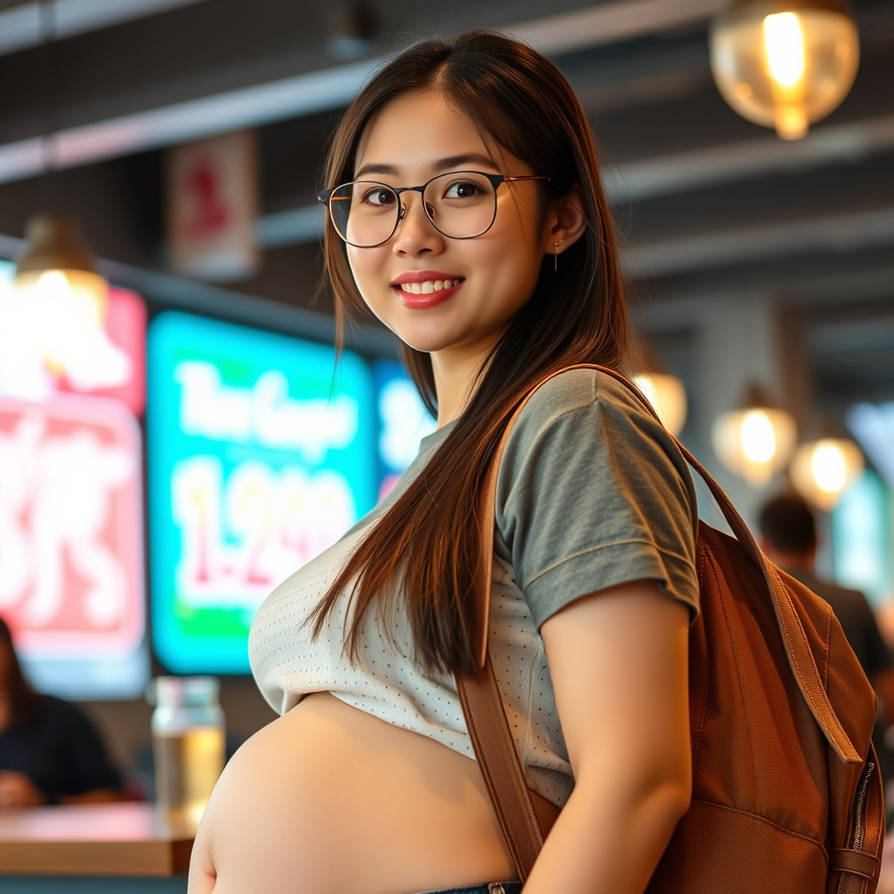 Asian college girl with big fat round beer belly