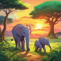 Family elephants at sunset