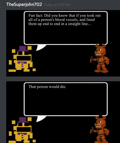 I found a copy of FNaF World Update 2 Mobile and this is what Fredbear  tells when you start a new game. Pretty funny right? : r/fivenightsatfreddys