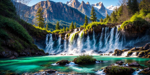 beautiful landscape of mountains with waterfalls