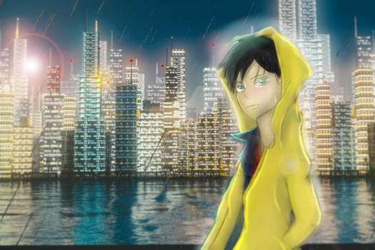 Hooded Person Infront of city scenery