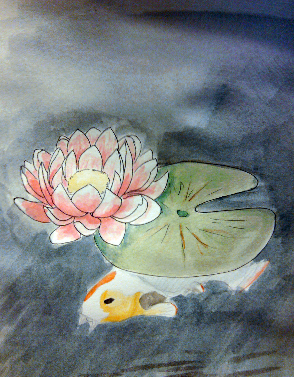 Watercolor and ink. A pond with dark water: under a blooming lilypad, a orange-spotted koi floats.