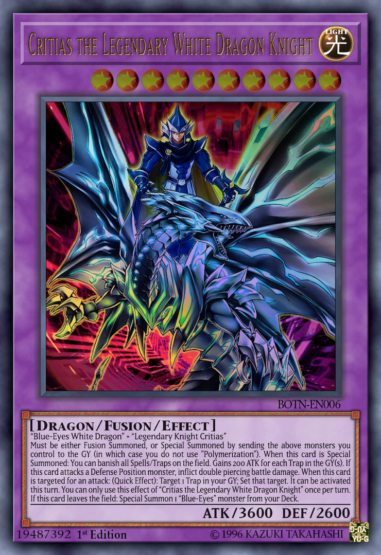 critias yugioh card : DRL2-EN006 1st Ed The Fang of Secret Rare that is listed on a Fusion Monster that can only be Special Summoned with The Fang of Critias (if that card is Set Yu-Gi-Oh!! - The Legendary Dragons