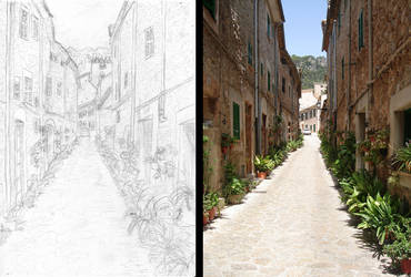 Valldemossa alley photo and drawing