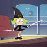 Zouk the little witch holds two laser swords