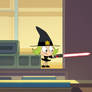 Zouk the little witch holds a laser sword