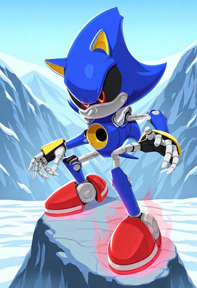 Metal Sonic stands on a mountain
