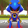 Metal Sonic sitting on the sidewalk