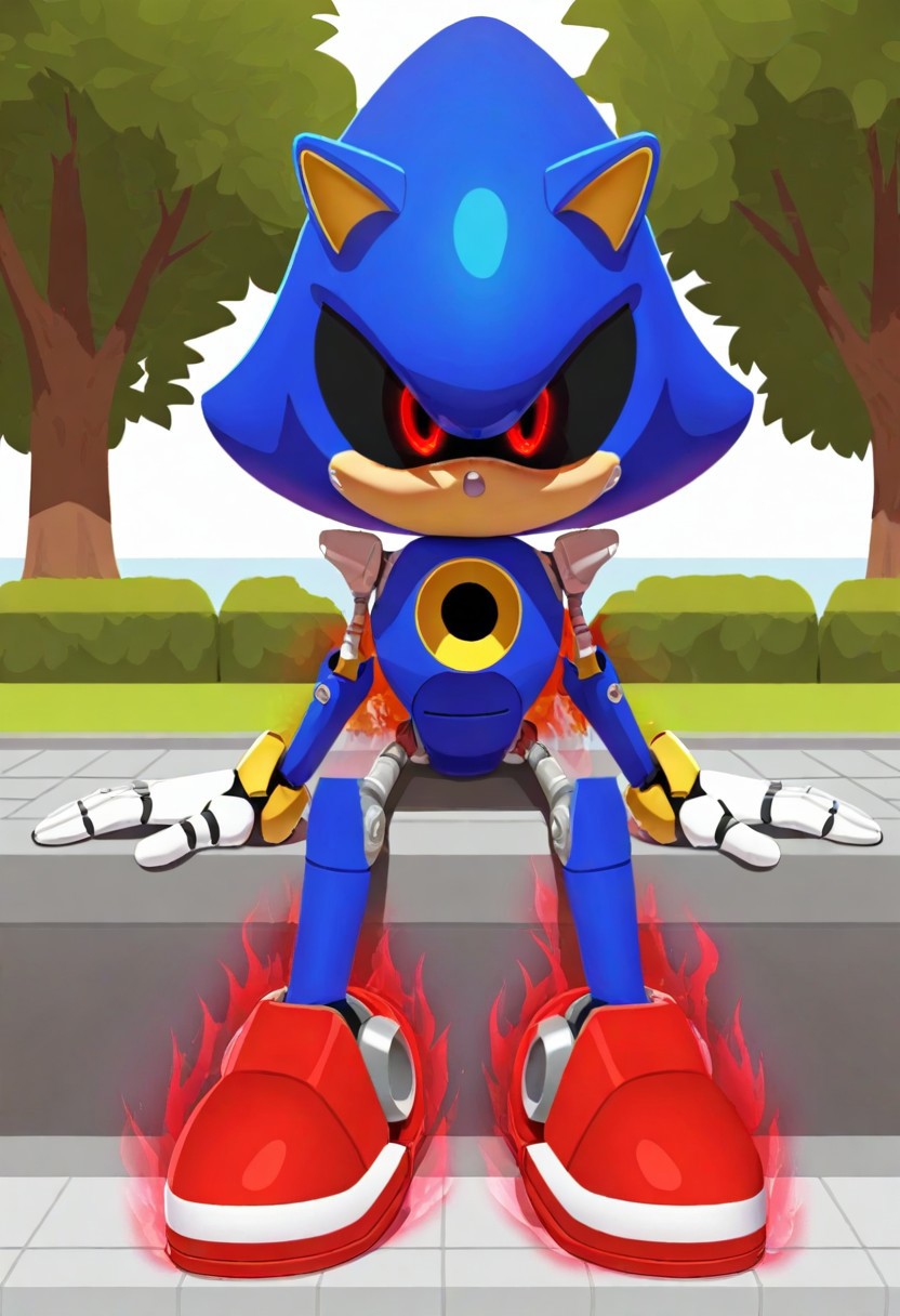 Metal Sonic sitting on the sidewalk