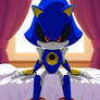 Metal Sonic sitting on the bed
