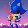 Metal Sonic drinking a cocktail