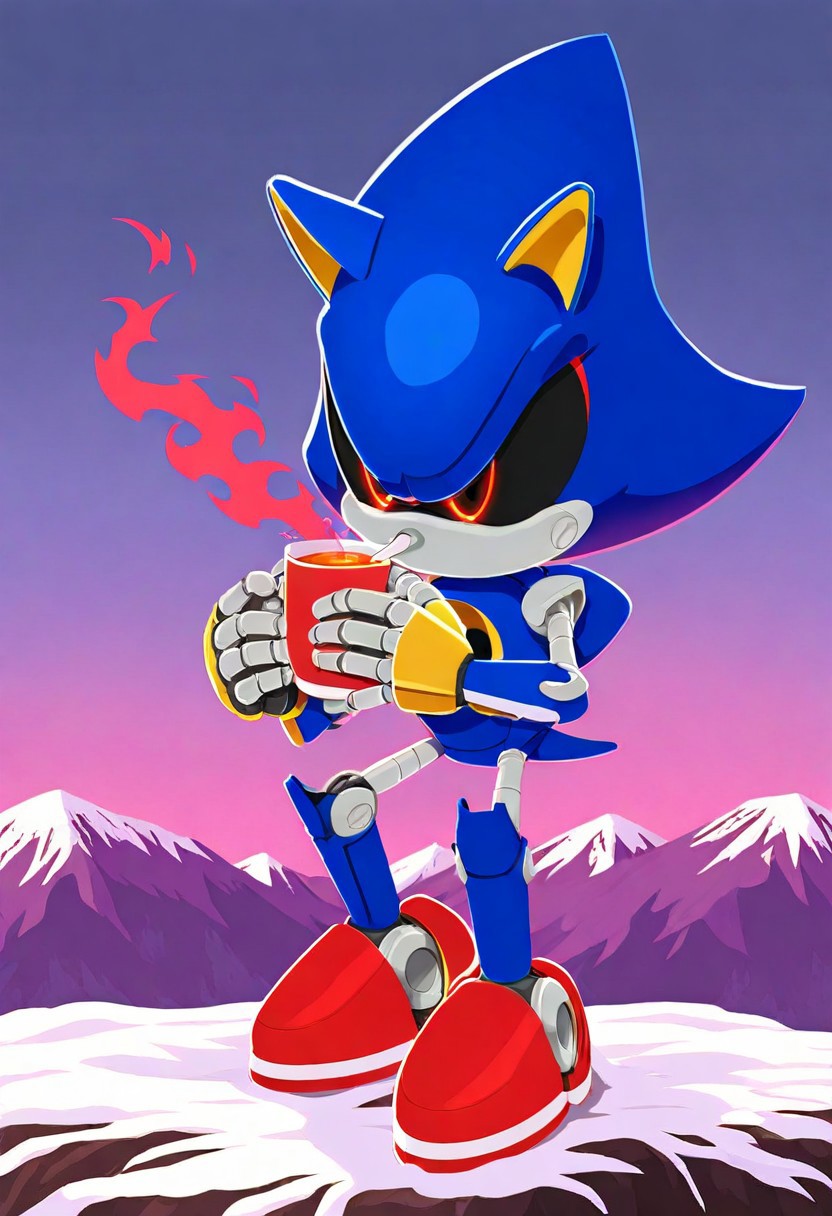 Metal Sonic drinking a cocktail