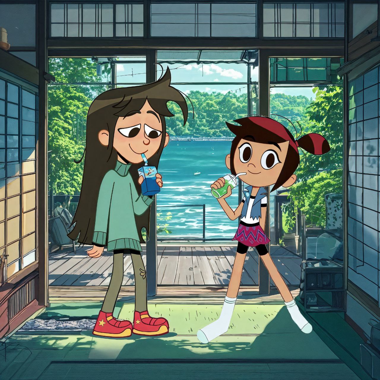 Molly and Libby drinking juice