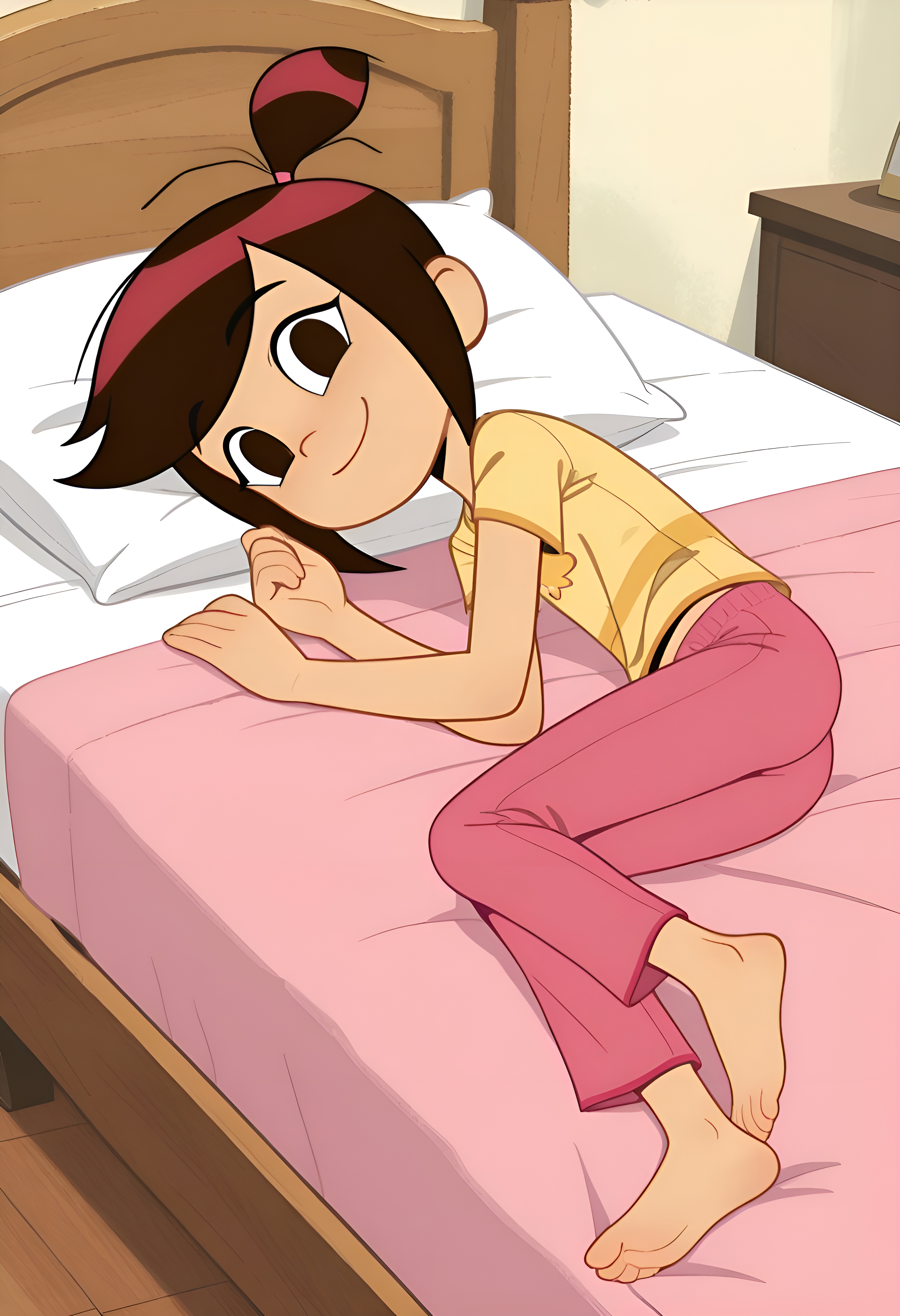 Molly Mcgee lying on the bed in pajamas
