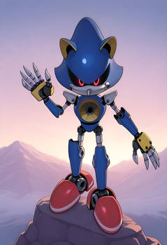 Metal Sonic standing on the mountain greets you