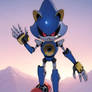 Metal Sonic standing on the mountain greets you