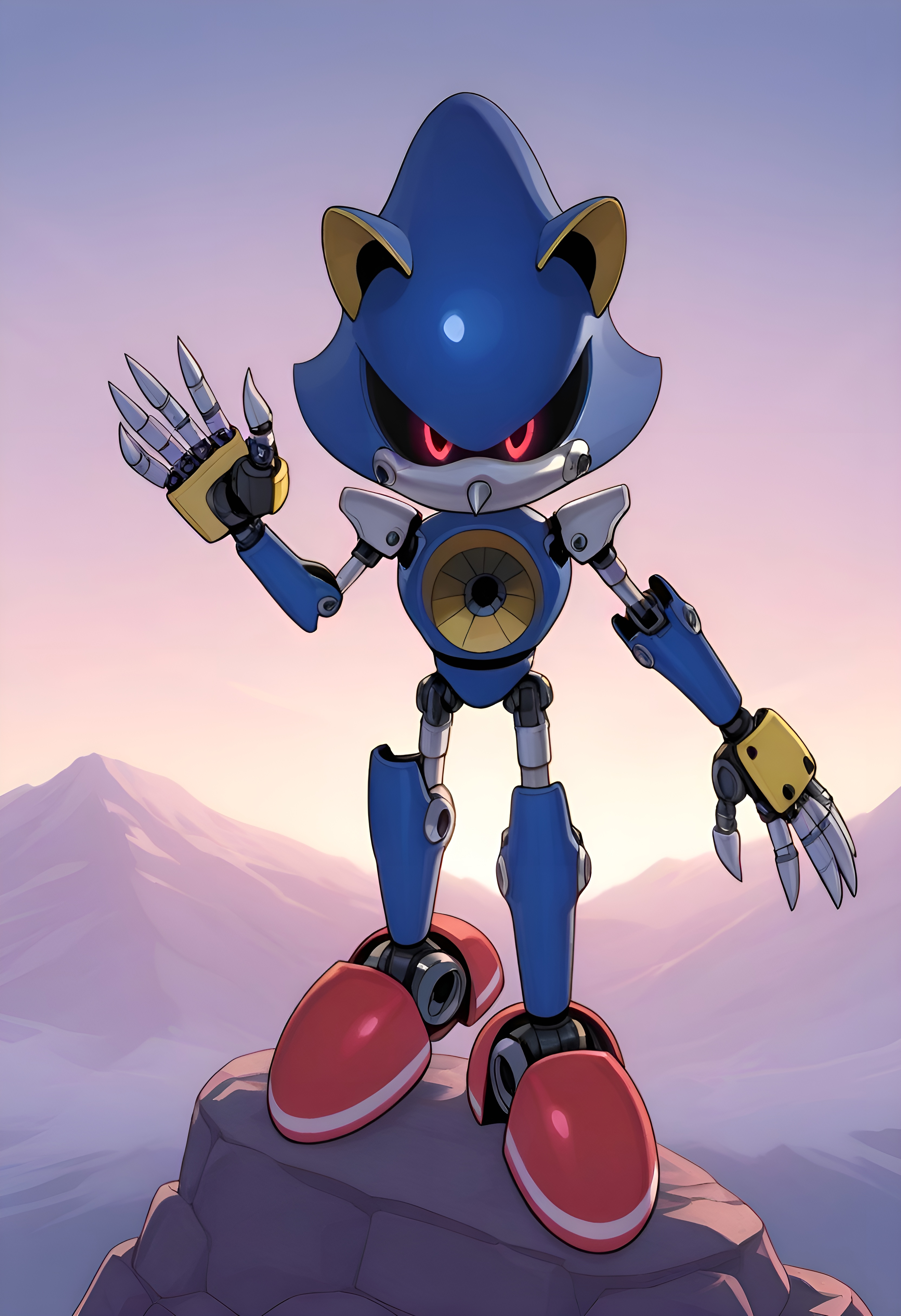 Metal Sonic standing on the mountain greets you