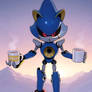 Metal Sonic, standing on a mountain, offers tea