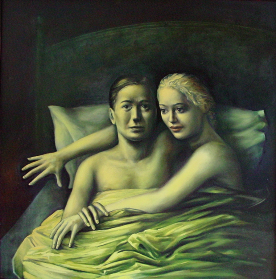 Love couple under green sheets