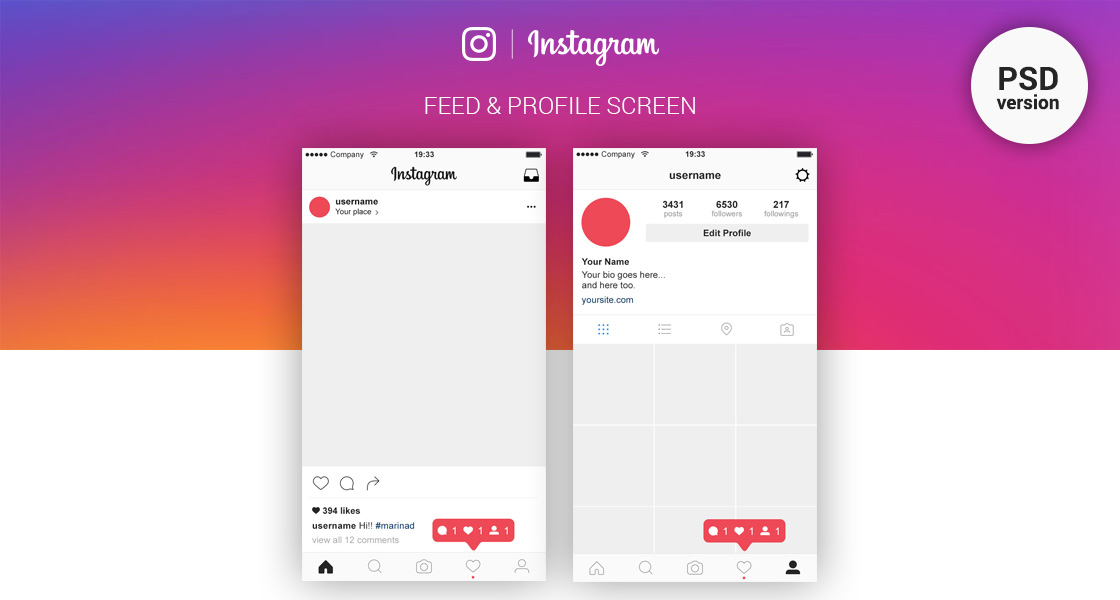 Download FREE Instagram Feed and Profile PSD UI - 2016 by MarinaD on DeviantArt