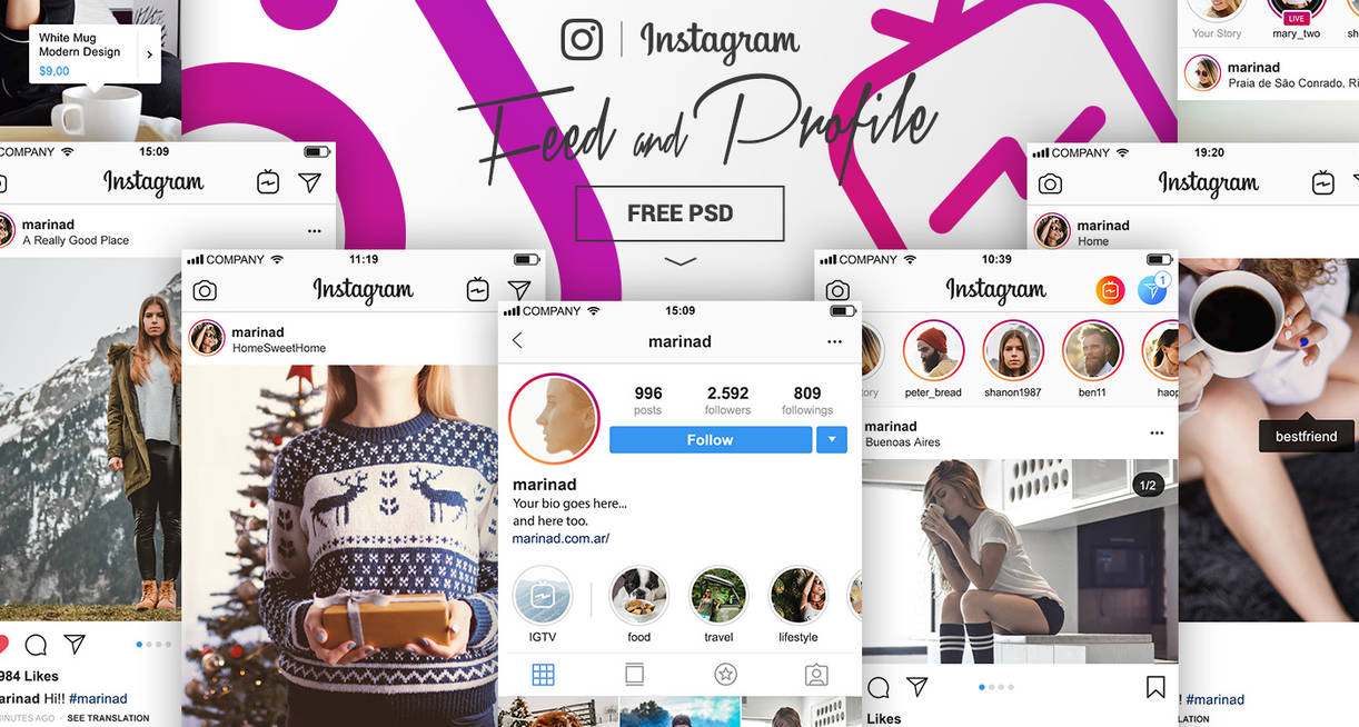 FREE Instagram Feed and Profile PSD UI 2018