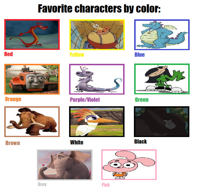 Characters Each Color Favorite Characters By Color by EmmettLovesAnimals on DeviantArt