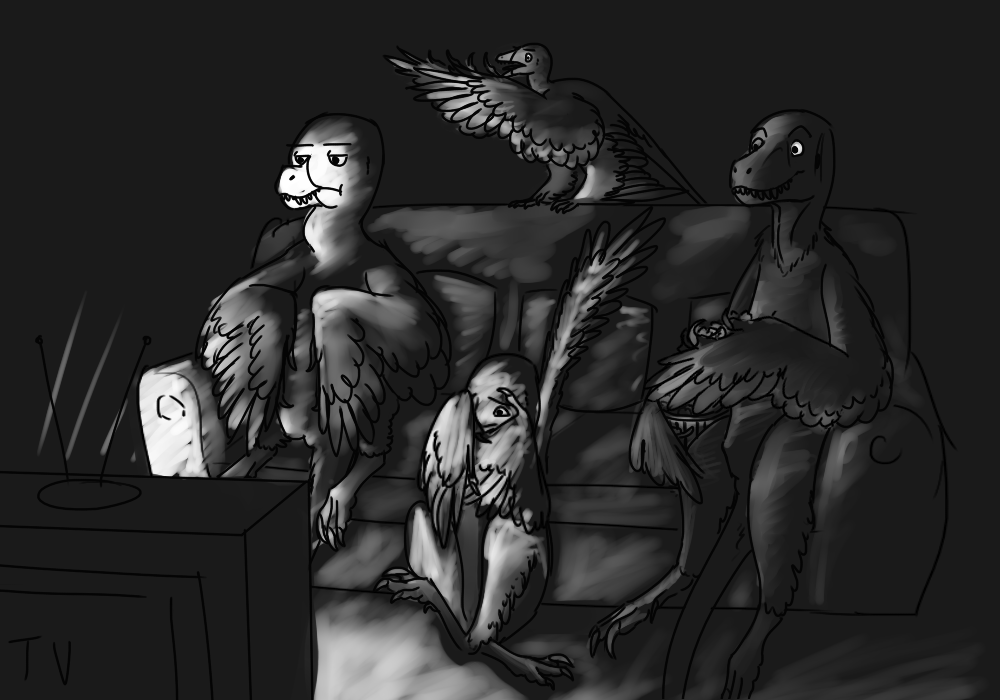 Dromaeosaurs Watching a Horror Movie