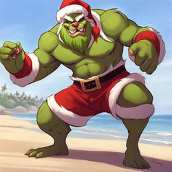 Buff Santa On The Beach Fighting The Grinch