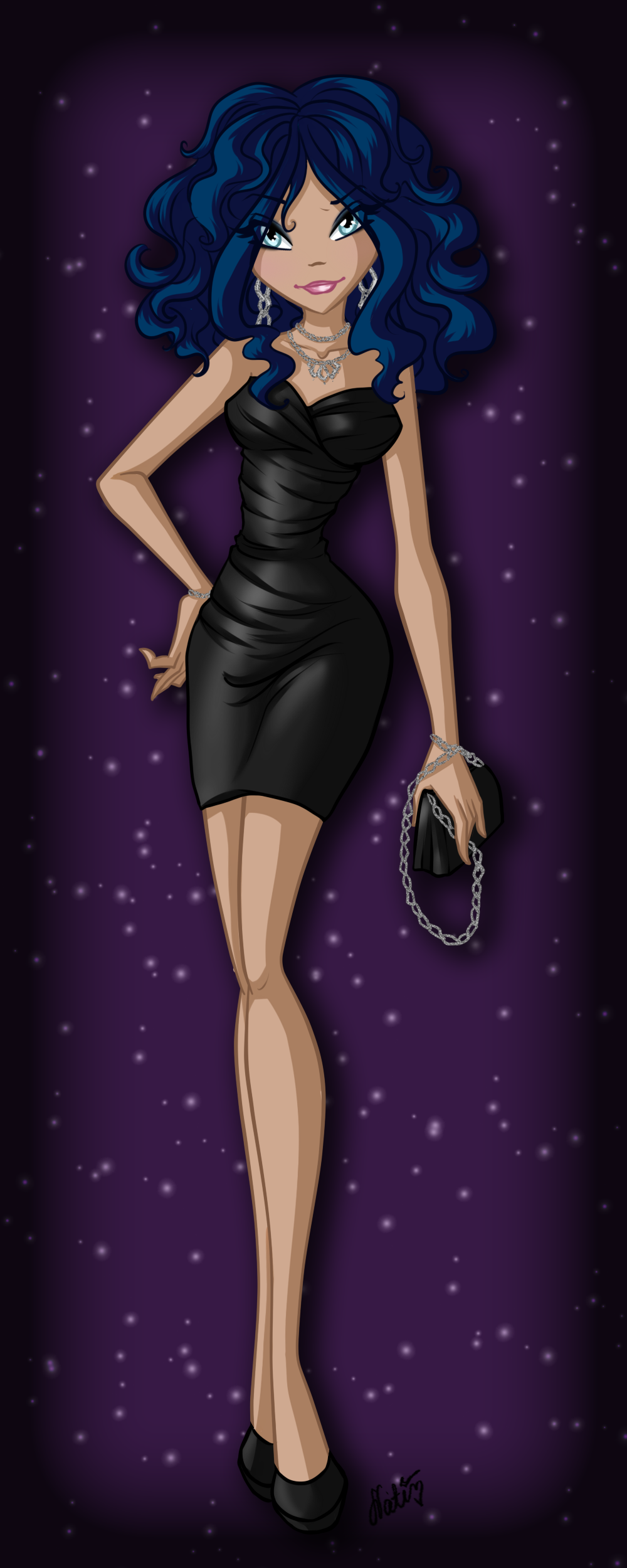 Irida. Black dress.