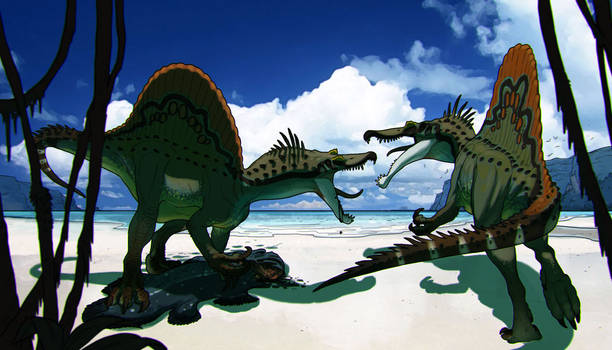 Spinosaurus fighting for food