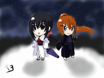 Chibi: Kenshin and Tomoe under the stars by KuroganeLMortsauf