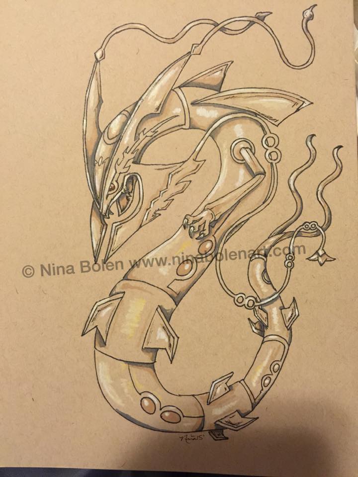 Mega Rayquaza Pokemon Toned Paper Pen and Ink