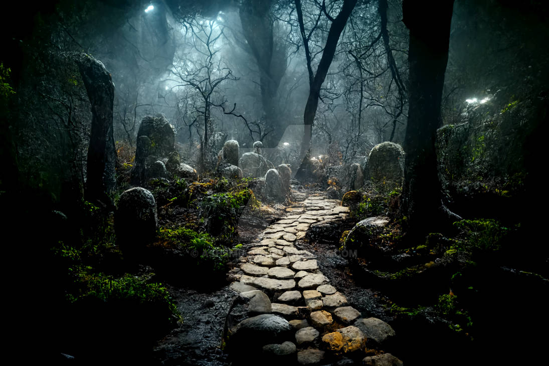 fantasy scary forest with Stone path by AshemiArt on DeviantArt