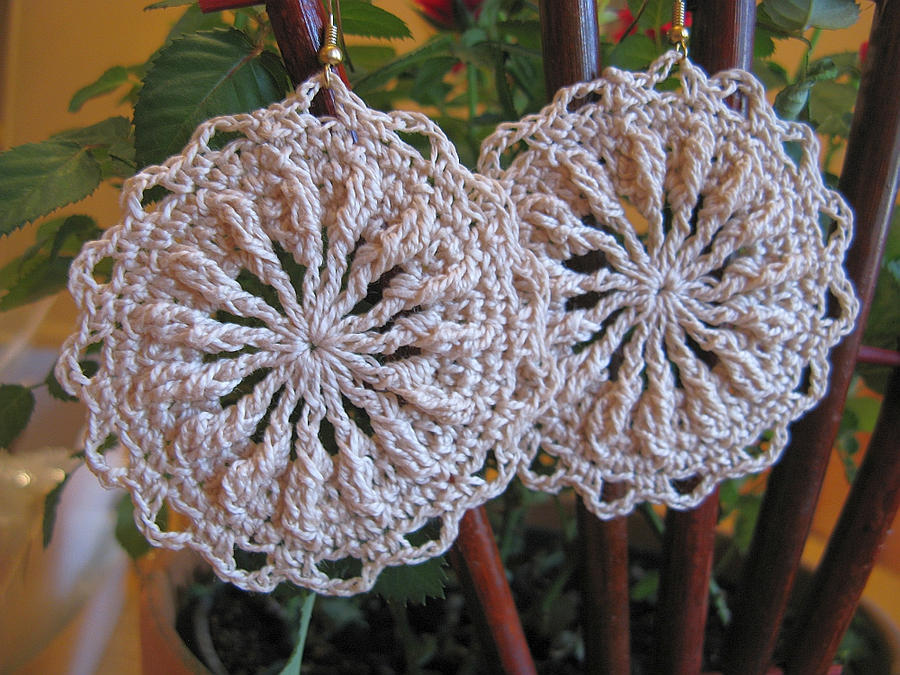 Textured Center Crochet Earrings in Beige