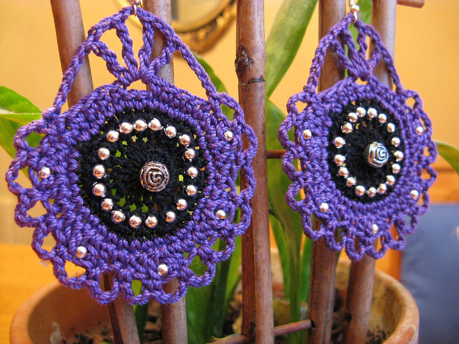 Cameo Inspired Crochet Earrings in Purple, Black by doilydeas