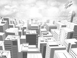 Manga style cityscape with fish-eye view