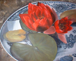 red water lilies oil painting