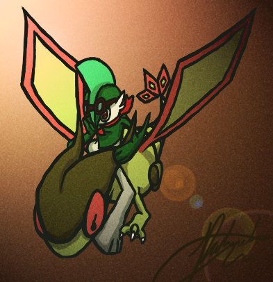 Gallade riding on a Flygon