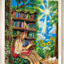A Girl Reading Books in Forest Library