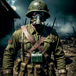 Gas Masked Soldier in War Torn Landscape 