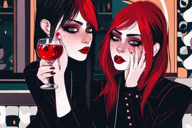 A goth girl with black and red hair, drinking a sp